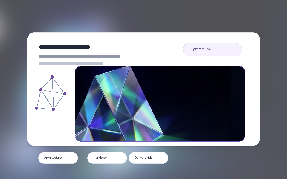 Image generation prompt: An abstract technical architecture visual with connected circuit paths, decision nodes, system planning, and calm premium consulting aesthetic, no readable brand text.